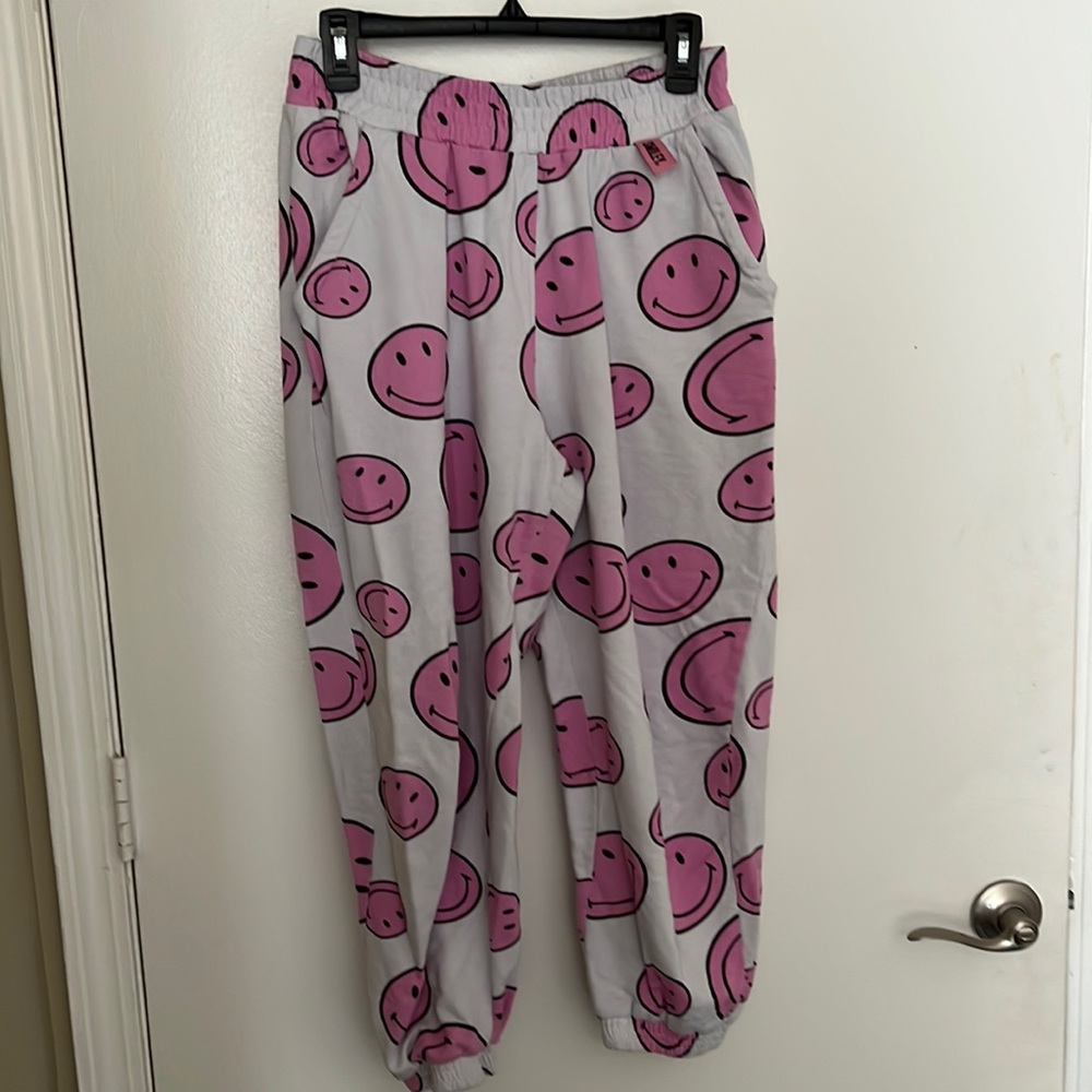 Bershka pink smiley sweatpants/joggers in Size L